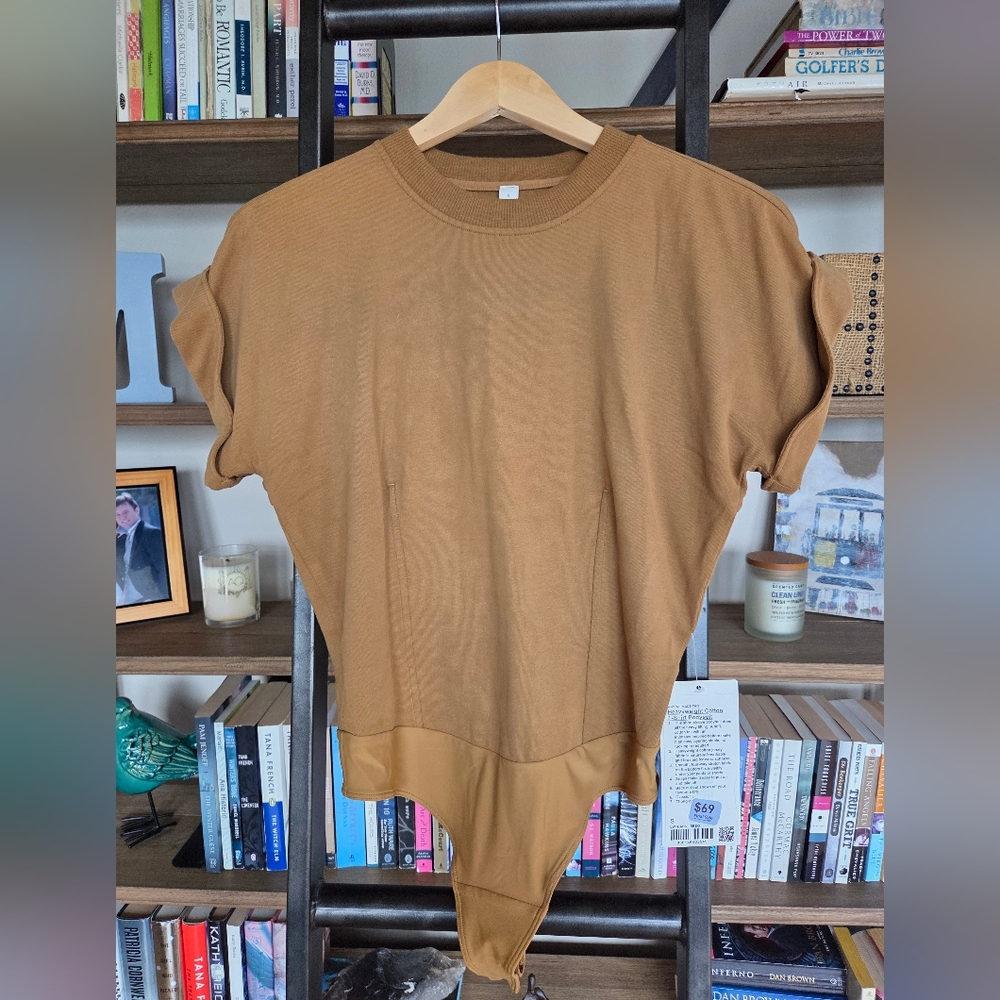NWT - Lululemon Tan Short Sleeve Keyhole Back, Thong Bodysuit, Size Small
